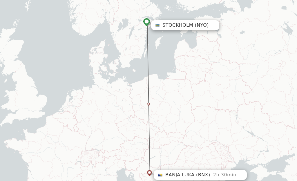 Flights from Stockholm to Banja Luka route map