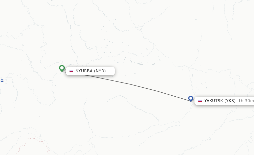 Flights from Nyurba to Yakutsk route map