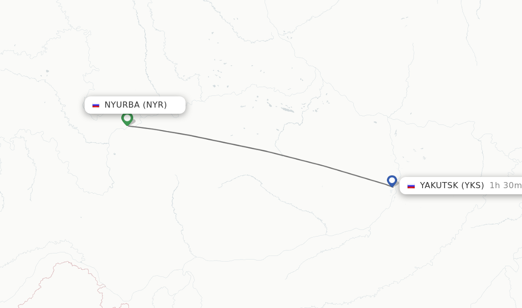 Flights from Nyurba to Yakutsk route map