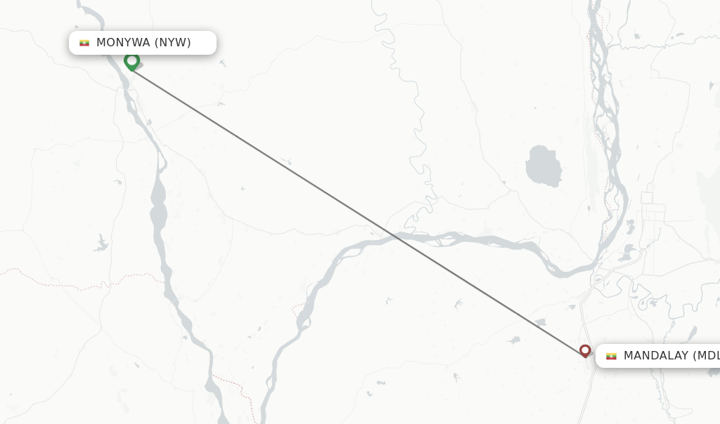 Flights from Monywa to Mandalay route map