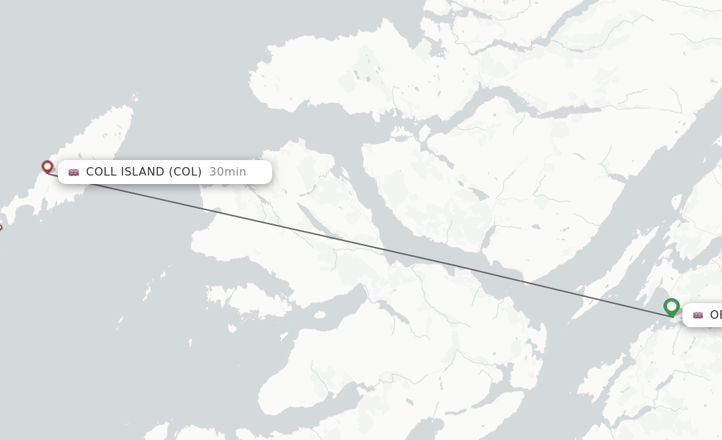 Flights from Oban to Coll Island route map