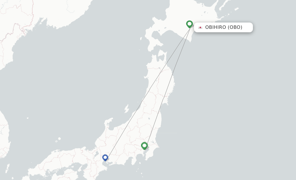 Route map with flights from Obihiro with JAL
