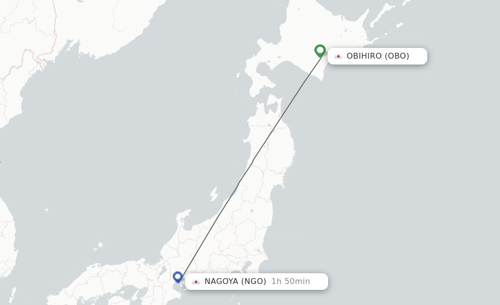 Flights from Obihiro to Nagoya route map