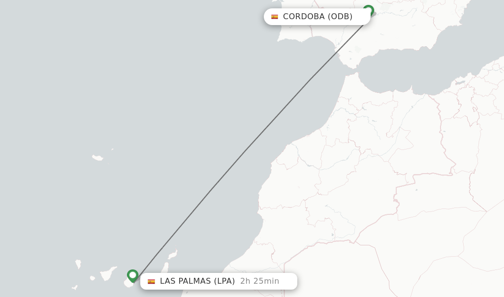 Flights from Las Palmas to Cordoba route map