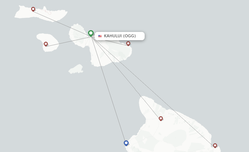 Route map with flights from Kahului with Southern Airways Express