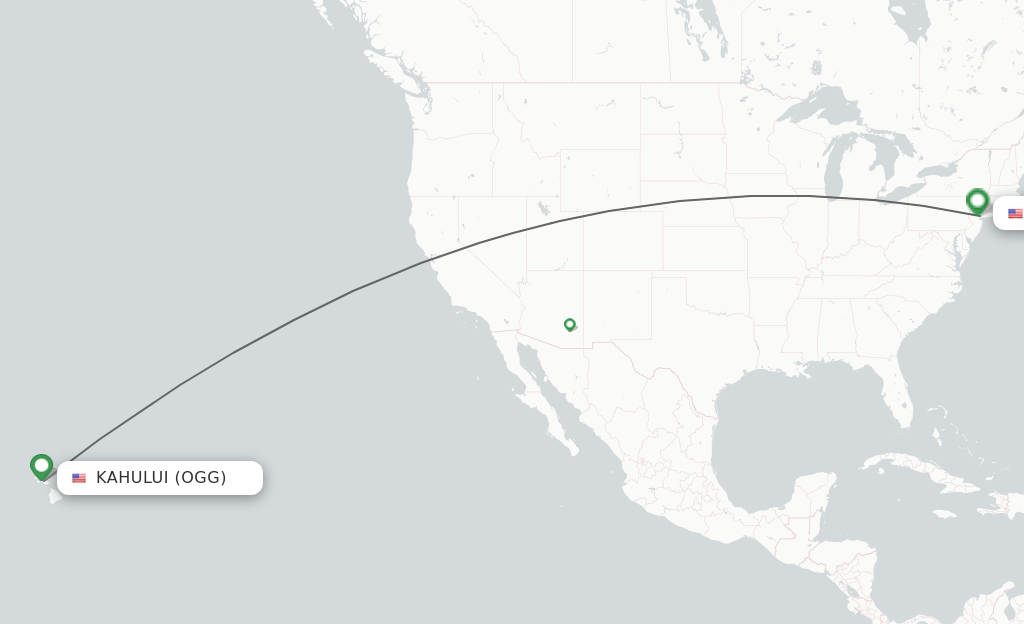 Flights from Kahului to New York route map