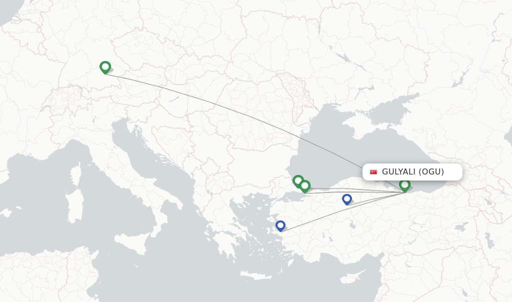 Route map with flights from Gulyali with Turkish Airlines