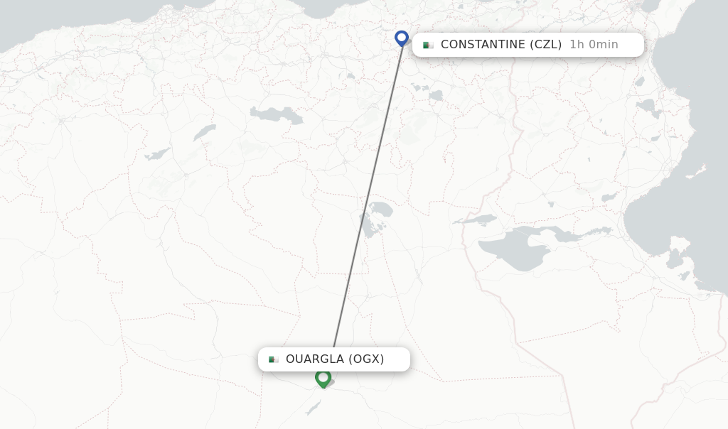 Flights from Ouargla to Constantine route map