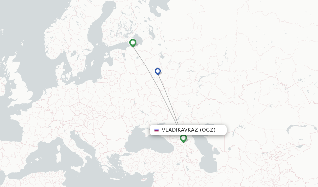 Route map with flights from Vladikavkaz with Pobeda