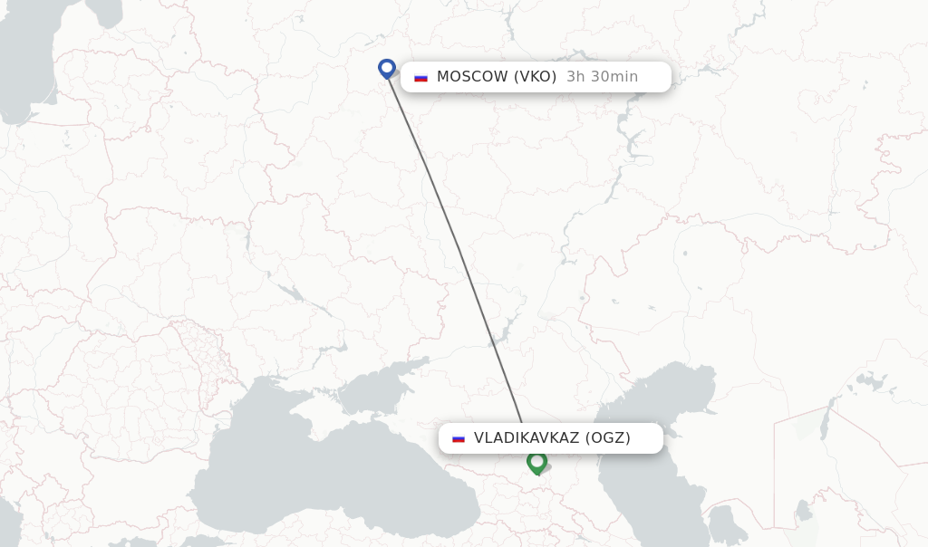 Flights from Vladikavkaz to Moscow route map