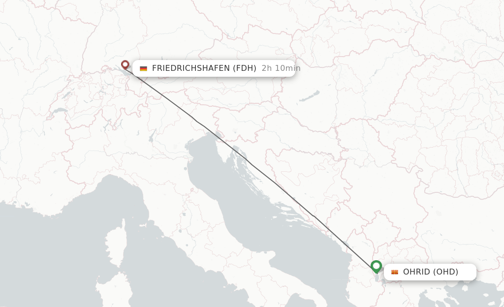 Flights from Ohrid to Friedrichshafen route map
