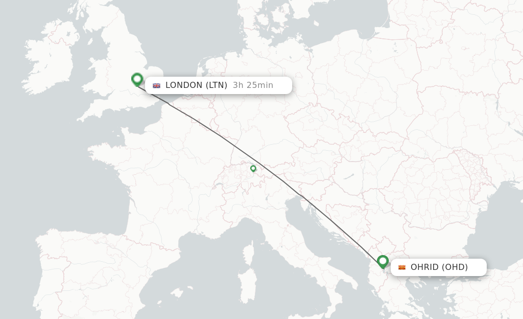Flights from Ohrid to London route map