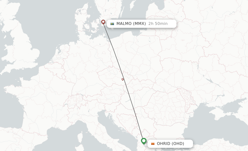Flights from Ohrid to Malmo route map