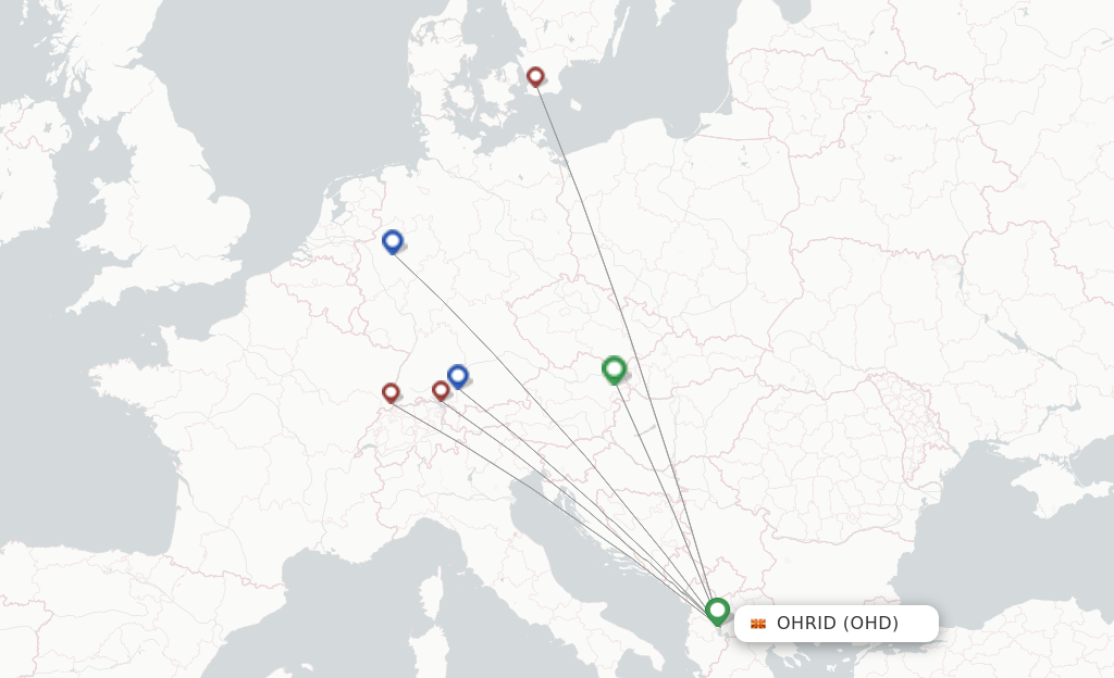 Route map with flights from Ohrid with Wizz Air
