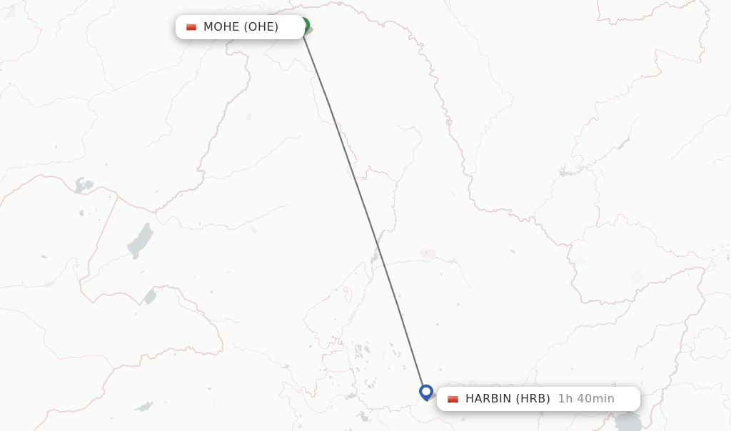 Flights from Mohe to Harbin route map