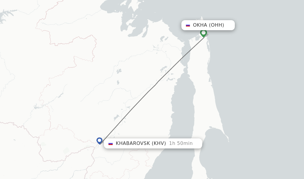 Flights from Okha to Khabarovsk route map