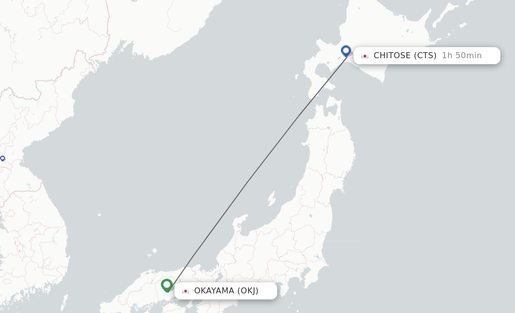 Flights from Okayama to Sapporo route map