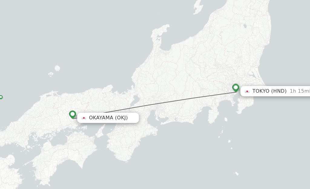 Flights from Okayama to Tokyo route map