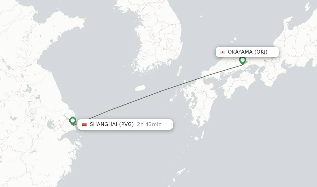 Flights from Okayama to Shanghai route map