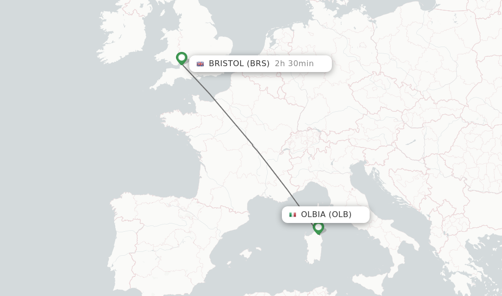 Flights from Olbia to Bristol route map