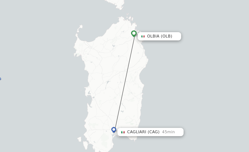 Flights from Cagliari to Olbia route map