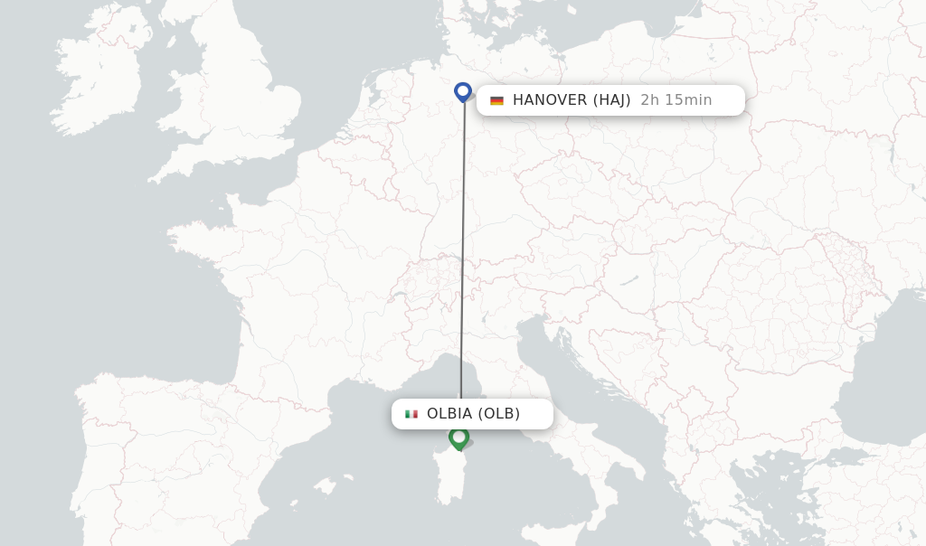 Flights from Olbia to Hanover route map