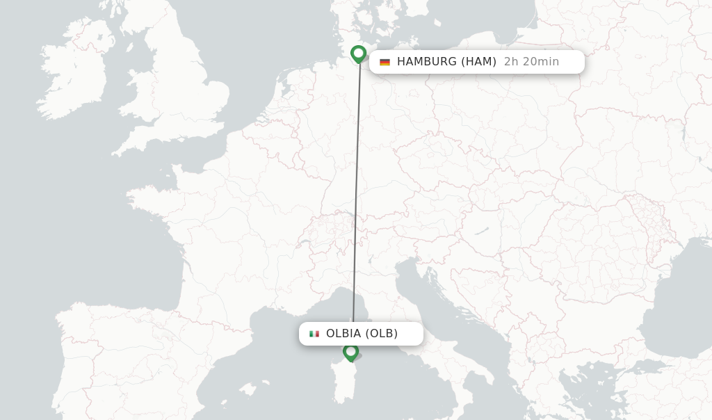 Flights from Olbia to Hamburg route map