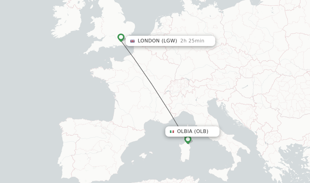 Flights from Olbia to London route map