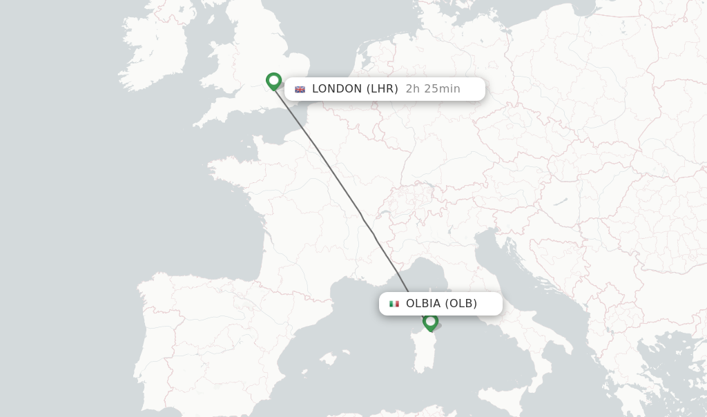 Flights from Olbia to London route map