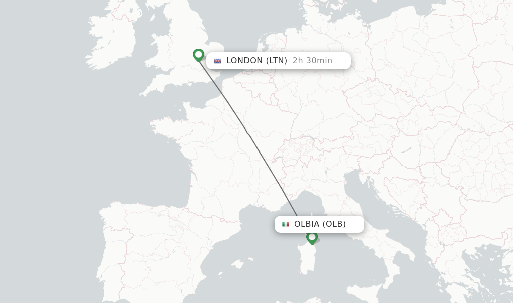 Flights from Olbia to London route map