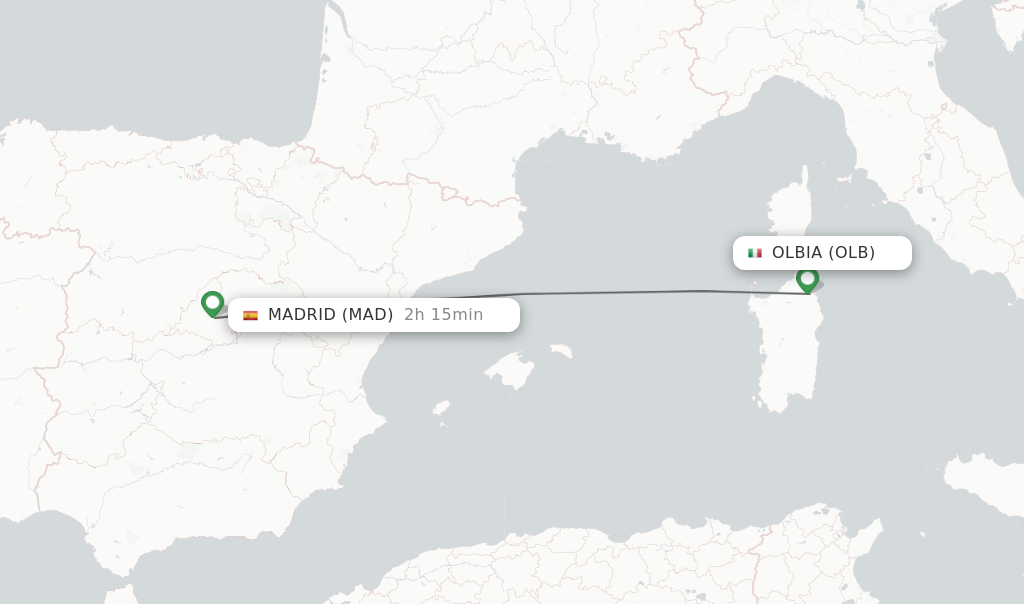 Flights from Olbia to Madrid route map
