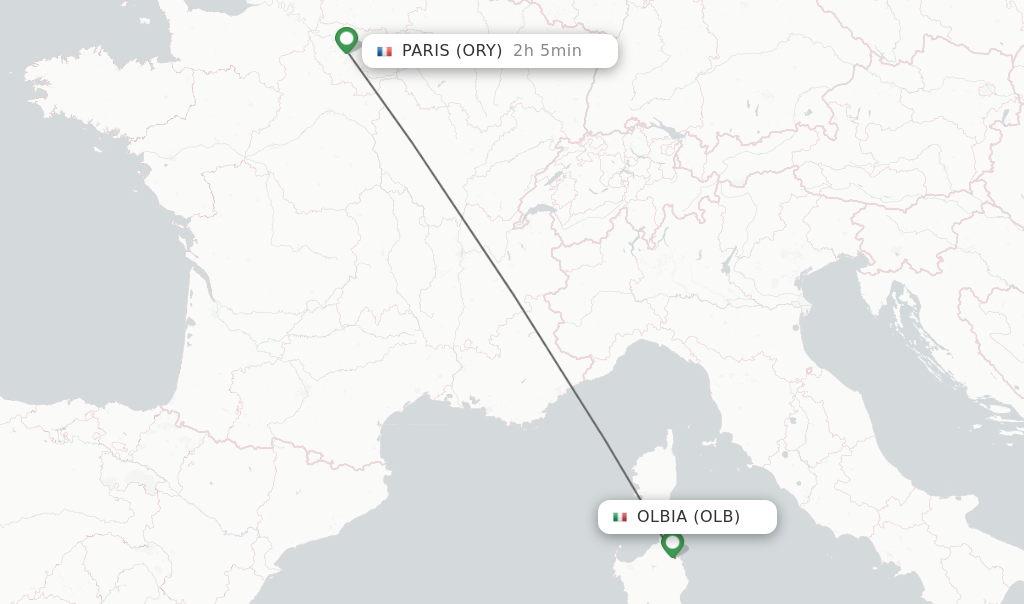 Flights from Olbia to Paris route map