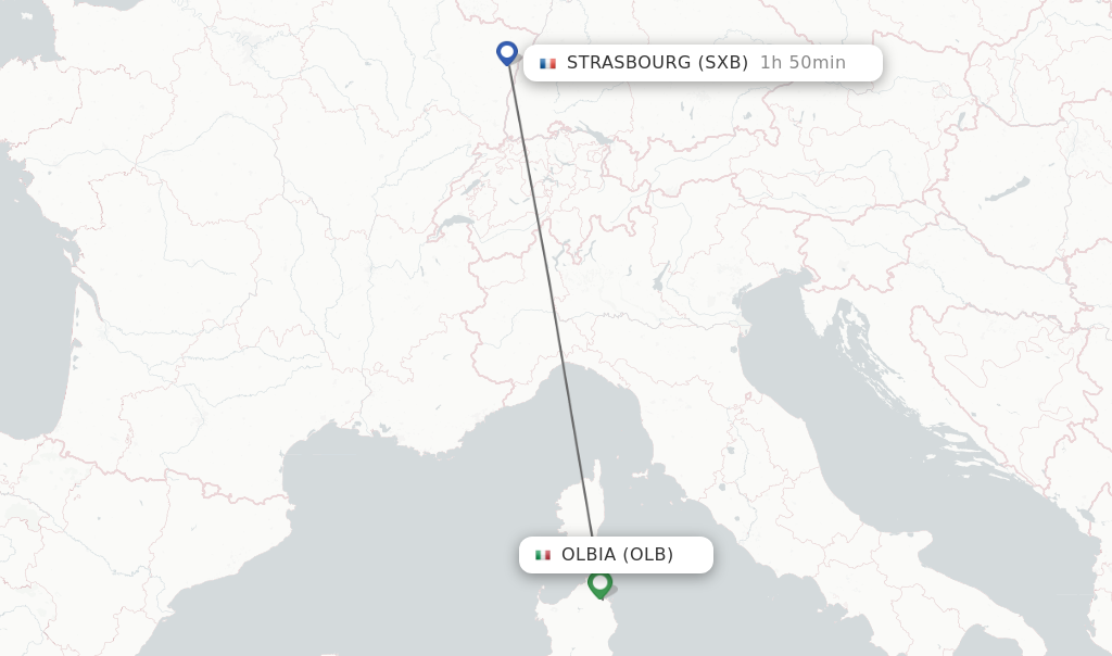 Flights from Olbia to Strasbourg route map