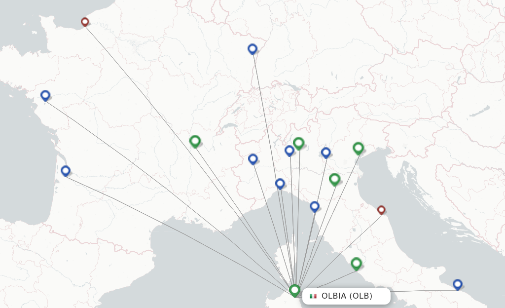 Route map with flights from Olbia with Volotea