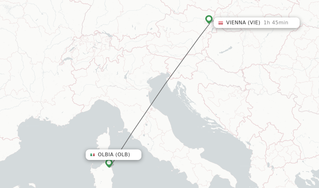 Flights from Olbia to Vienna route map