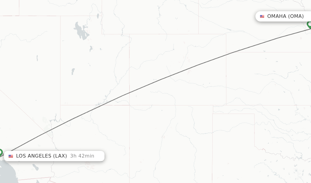Flights from Omaha to Los Angeles route map