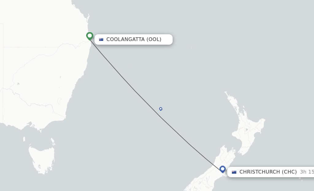 Flights from Coolangatta (Gold Coast) to Christchurch route map