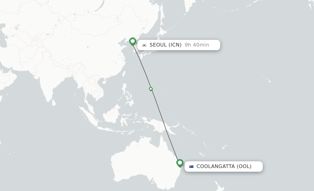 Flights from Coolangatta (Gold Coast) to Seoul route map