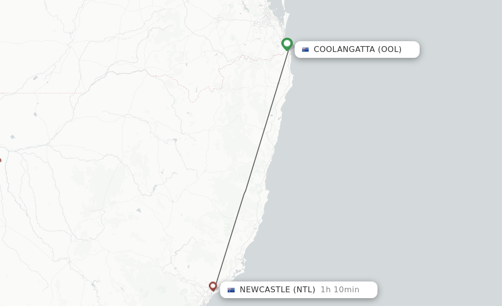 Flights from Coolangatta (Gold Coast) to Newcastle route map