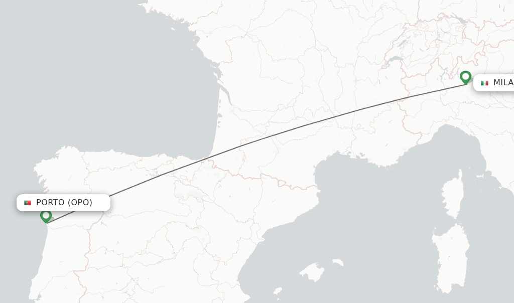 Flights from Porto to Milan route map