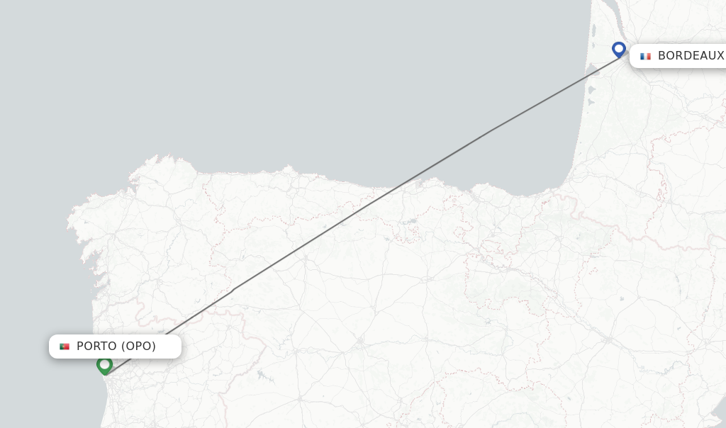Flights from Porto to Bordeaux route map