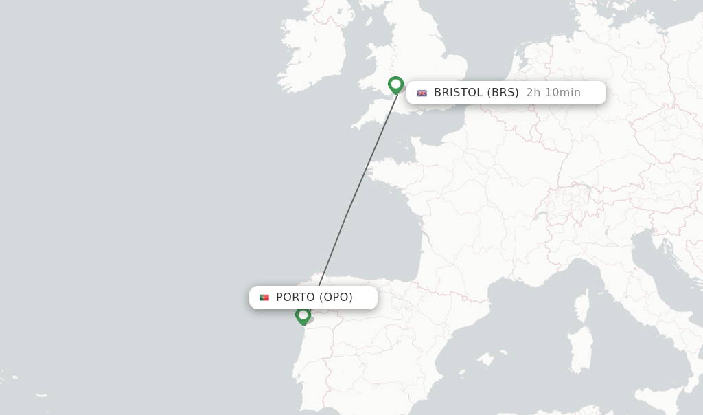 Flights from Porto to Bristol route map