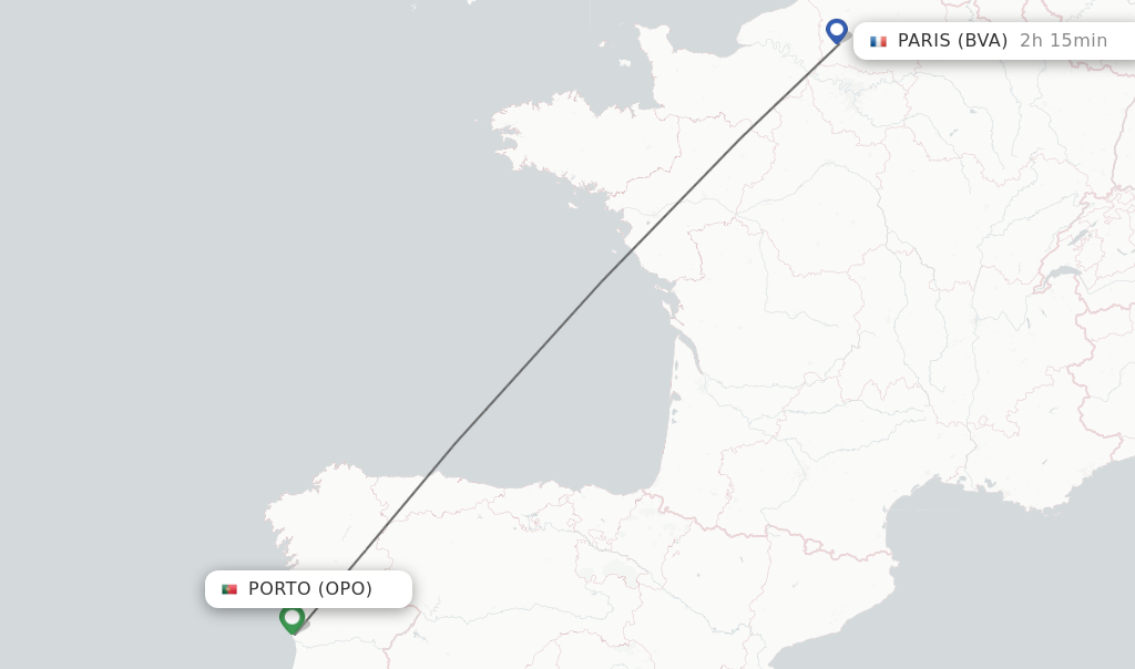 Flights from Porto to Paris route map