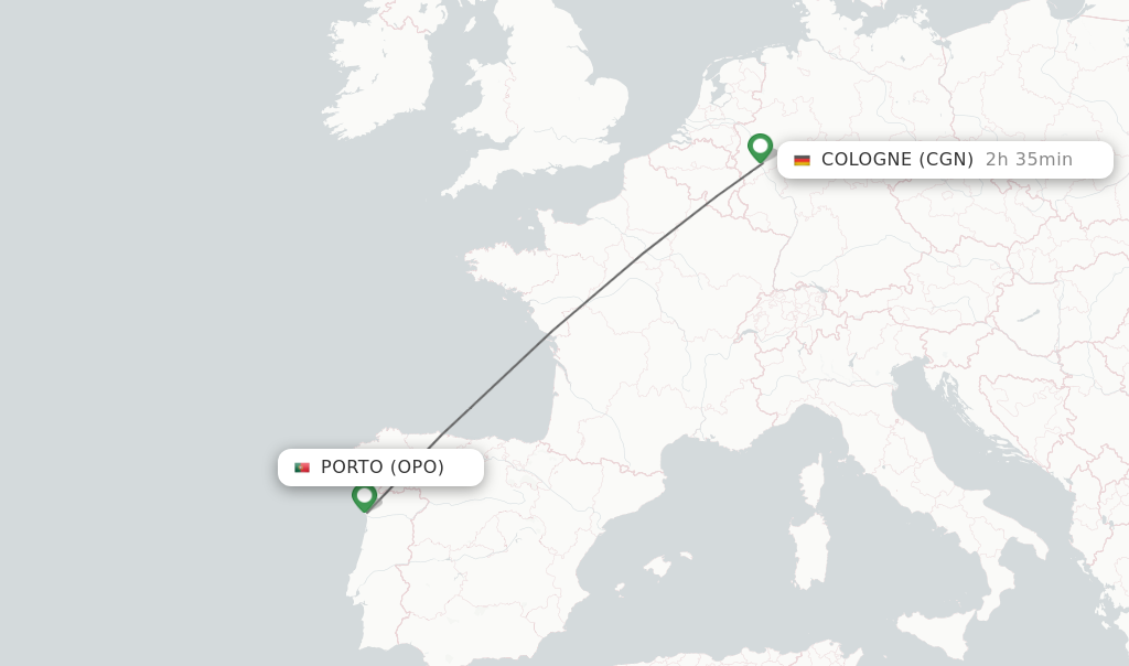 Flights from Porto to Cologne route map