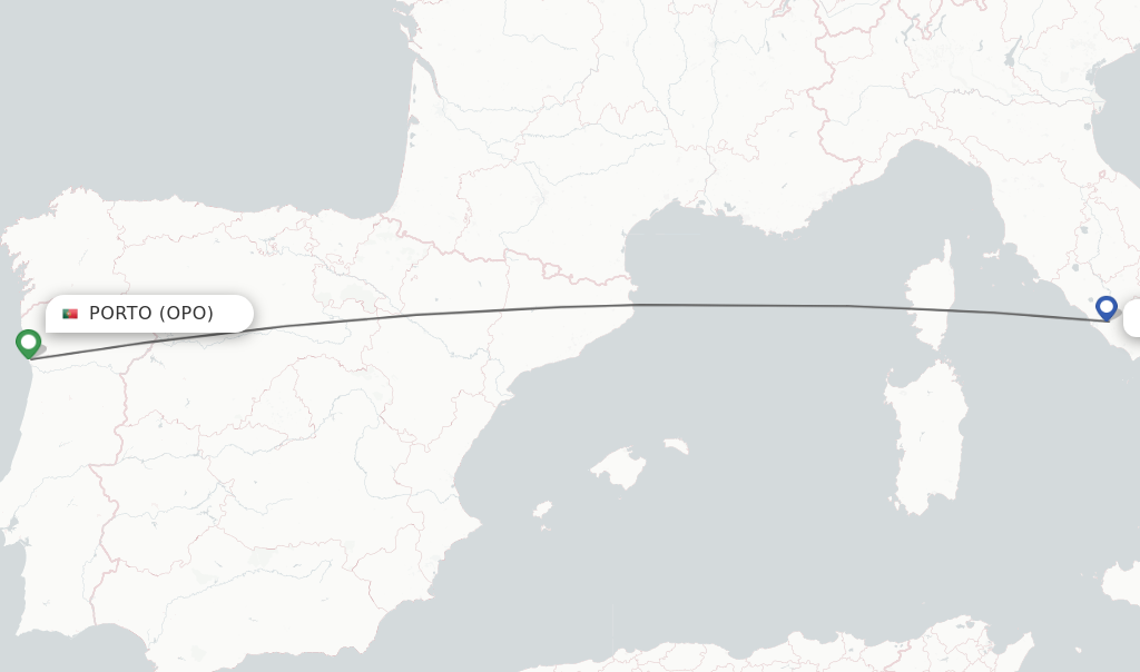 Flights from Porto to Rome route map