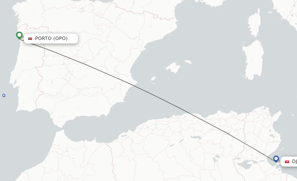 Flights from Porto to Djerba route map