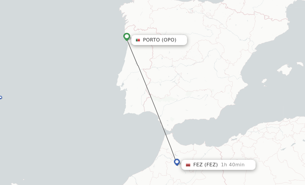 Flights from Porto to Fes route map