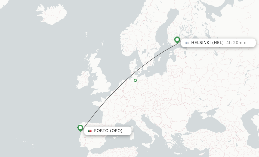 Flights from Porto to Helsinki route map