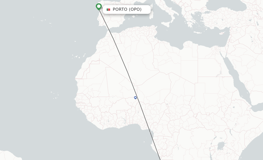 Flights from Porto to Luanda route map
