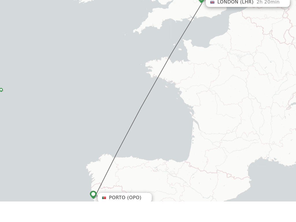 Flights from Porto to London route map